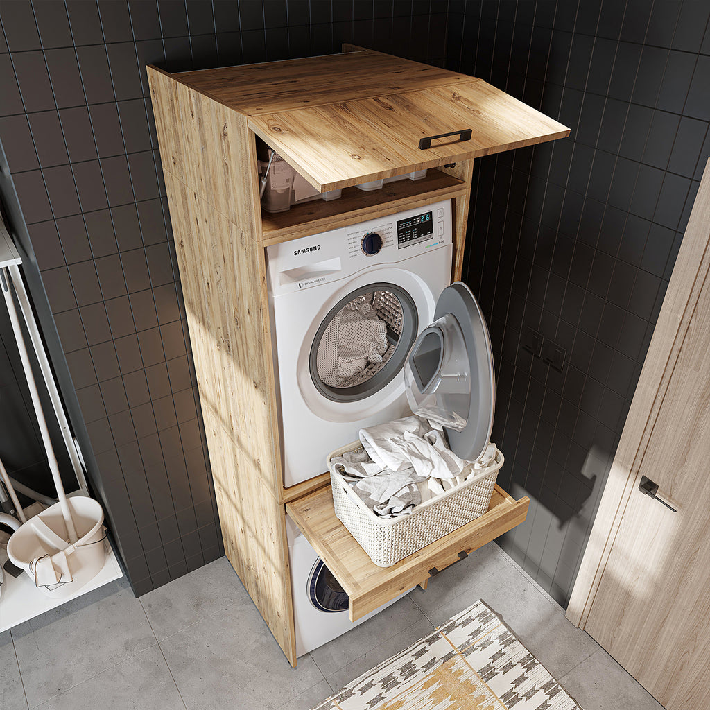 Roomart Waschmaschinenschrank für Trockner & Waschmaschine, in 3 Farben, mit Ausziehbrett • Weiß • Eiche • Schwarz Eiche - waschmaschinenuntergestelle, dämpfer waschmaschine, waschmaschinen aufsatz für trockner, unterschrank waschmaschine, kühlschrank erh