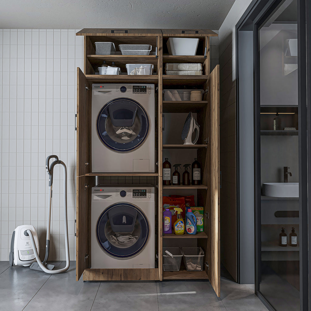 Roomart Waschmaschinenschrank „DORA 115 cm Breit“ für Waschmaschine & Trockner mit Regalböden, in 5 Farben • Weiß • Weiß Eiche • Anthrazit Eiche • Eiche • Schwarz Eiche