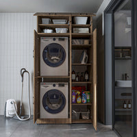 Roomart Waschmaschinenschrank „DORA 115 cm Breit“ für Waschmaschine & Trockner mit Regalböden, in 5 Farben • Weiß • Weiß Eiche • Anthrazit Eiche • Eiche • Schwarz Eiche