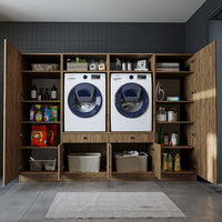 Roomart mueble de pared para lavadero - 254 cm de ancho - con estante extraíble - en - blanco - roble - roble negro - mueble de baño, lavabo, mueble de baño, mueble de baño, baño, con, mueble de baño, mueble de baño, conjunto, lavabo, mueble, ba