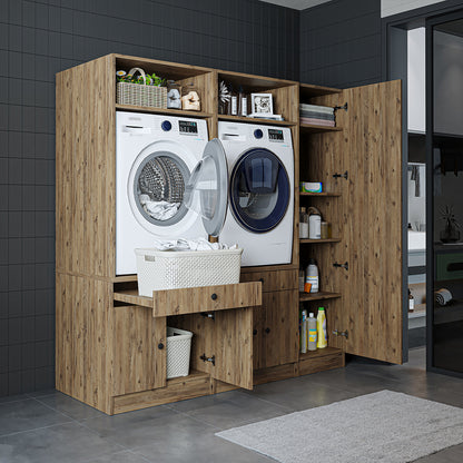 Roomart Waschmaschinenschrank Doppelschrank SERIE 3 – 179 cm breit, 2× Waschmaschine nebeneinander mit Ausziehbrett & Hochschrank – Waschküche & Hauswirtschaftsraum – Eiche / Schwarz-Eiche / Weiß
