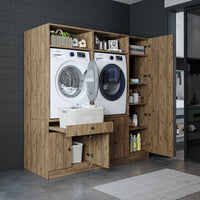 Roomart Waschmaschinenschrank Doppelschrank SERIE 3 – 179 cm breit, 2× Waschmaschine nebeneinander mit Ausziehbrett & Hochschrank – Waschküche & Hauswirtschaftsraum – Eiche / Schwarz-Eiche / Weiß