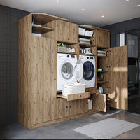 Roomart mueble de pared para lavadero - 254 cm de ancho - con estante extraíble - en - blanco - roble - roble negro - mueble de baño, lavabo, mueble de baño, mueble de baño, baño, con, mueble de baño, mueble de baño, conjunto, lavabo, mueble, ba