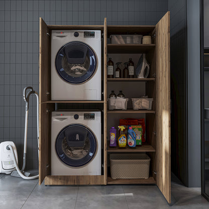 Roomart Waschmaschinenschrank „DORA 130 cm Breit“ für Waschmaschine & Trockner mit Regalböden, in 5 Farben • Weiß • Weiß Eiche • Anthrazit Eiche • Eiche • Schwarz Eiche (Kopie)