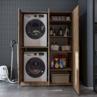 Roomart Waschmaschinenschrank „DORA 130 cm Breit“ für Waschmaschine & Trockner mit Regalböden, in 5 Farben • Weiß • Weiß Eiche • Anthrazit Eiche • Eiche • Schwarz Eiche (Kopie)