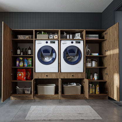 Roomart Waschmaschinenschrank SERIE 3 – 194 cm breit, 2× Waschmaschine nebeneinander mit Ausziehbrett & Hochschrank – Waschküche & Hauswirtschaftsraum – Eiche / Schwarz-Eiche / Weiß