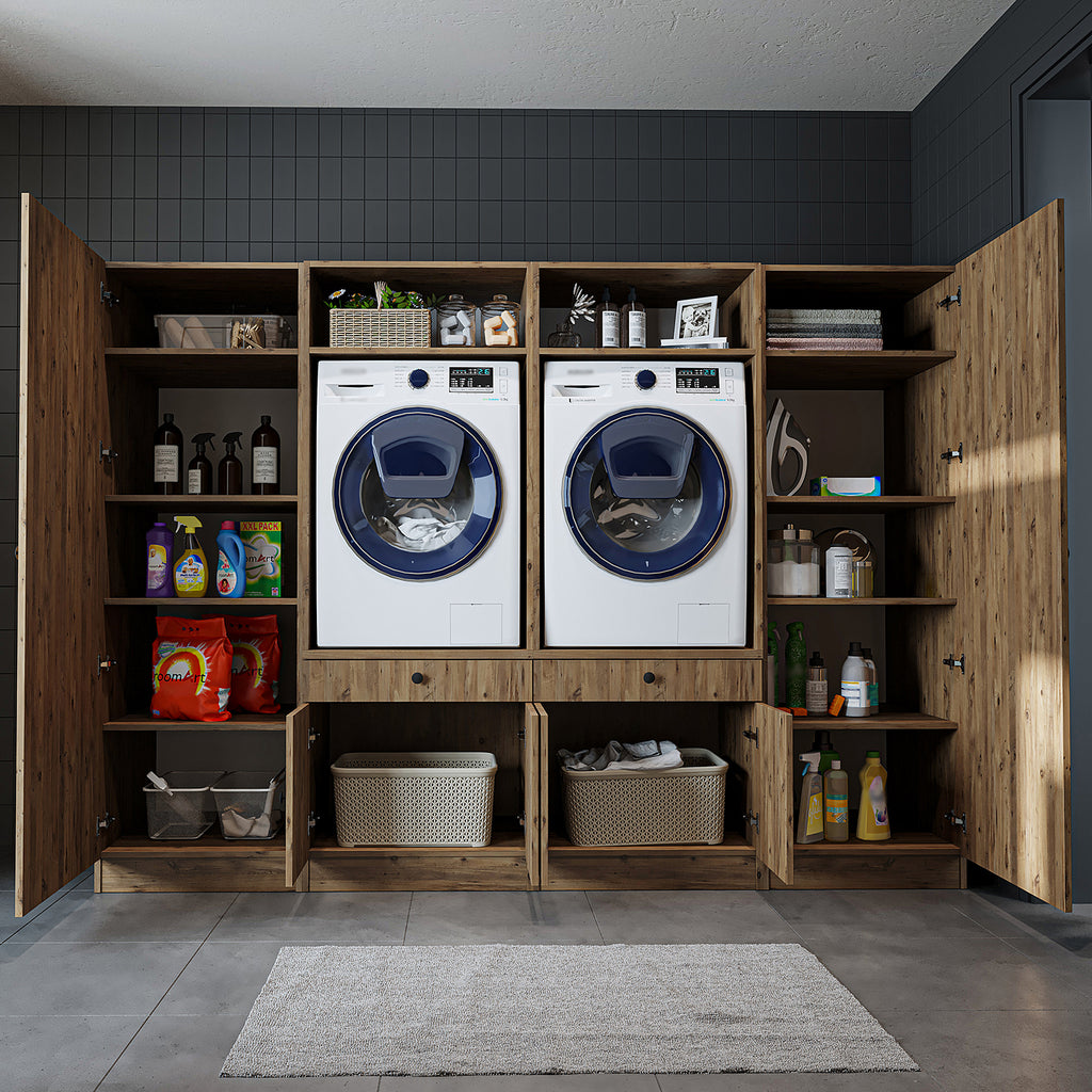 Roomart Waschmaschinenschrank SERIE 3 – 194 cm breit, 2× Waschmaschine nebeneinander mit Ausziehbrett & Hochschrank – Waschküche & Hauswirtschaftsraum – Eiche / Schwarz-Eiche / Weiß