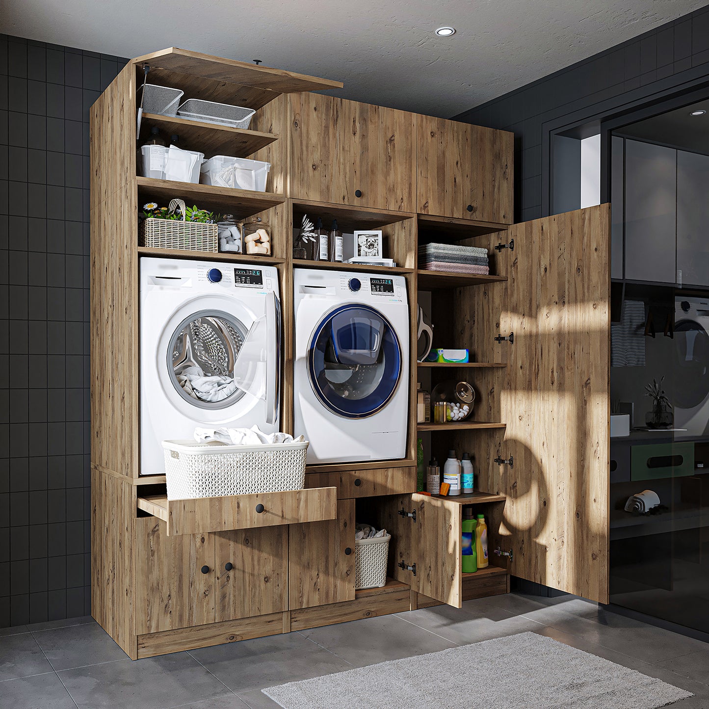 Roomart Schrankwand für Waschküche & Hauswirtschaftsraum - SERIE 1 - 114 cm breit, mit Ausziehbrett & Stauraum, Waschmaschinen-Schrankkombination, in 3 Farben (Weiß, Schwarz-Eiche)