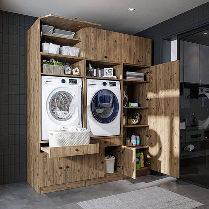 Roomart Schrankwand für Waschküche & Hauswirtschaftsraum - SERIE 1 - 114 cm breit, mit Ausziehbrett & Stauraum, Waschmaschinen-Schrankkombination, in 3 Farben (Weiß, Schwarz-Eiche)