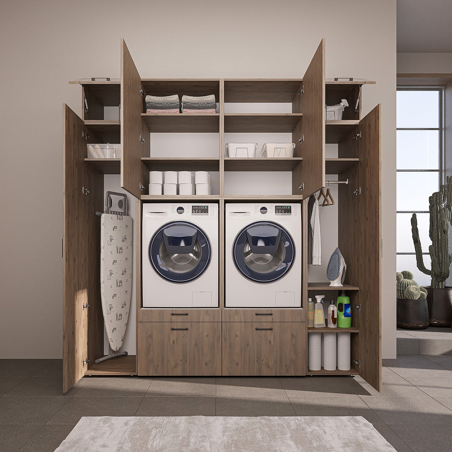 Roomart Waschmaschinenschrank SERIE 2 – Doppelschrank mit Seitenschränken, 3 Farben