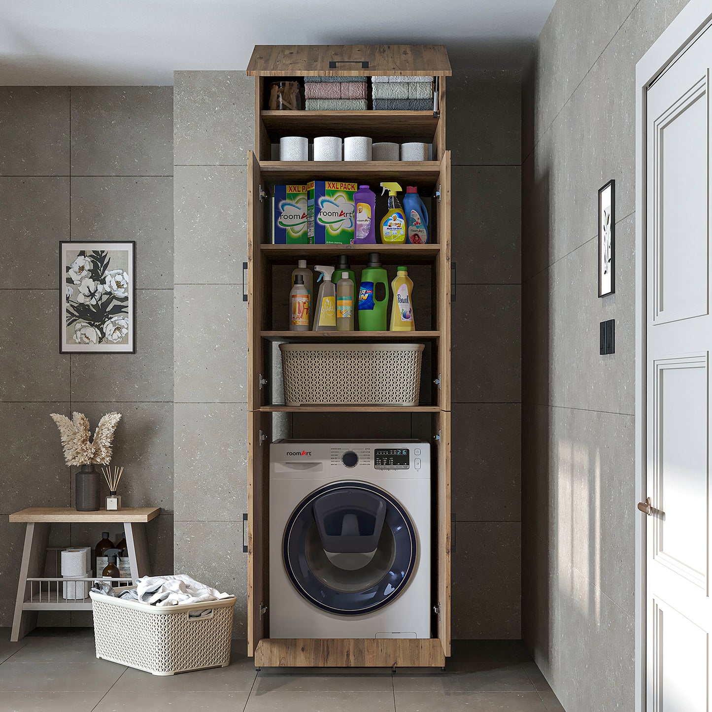 Roomart Waschmaschinenschrank „DORA“ für Waschmaschine & Trockner mit Regalböden, in 5 Farben • Weiß • Weiß Eiche • Anthrazit Eiche • Eiche • Schwarz-Eiche