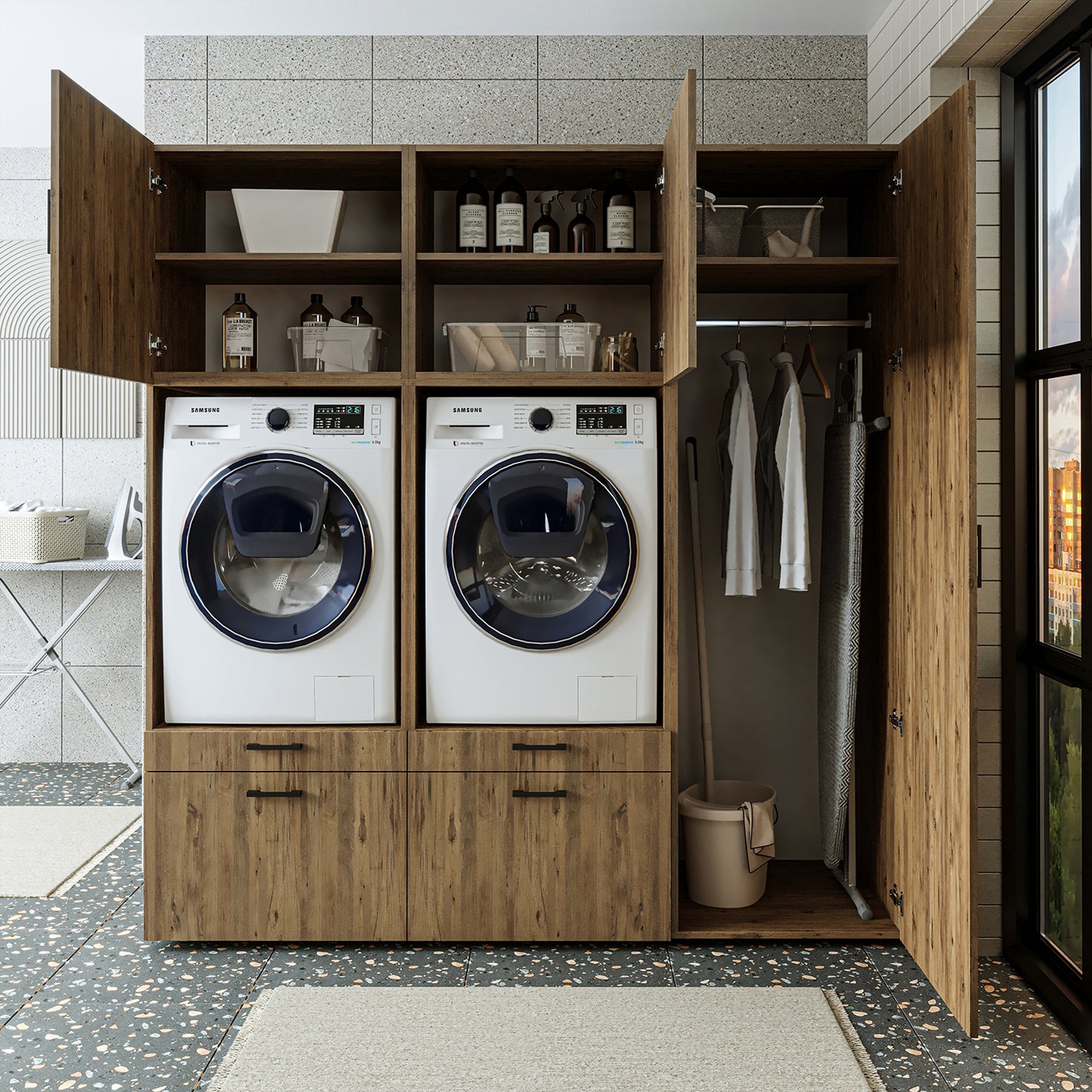 Roomart Waschmaschinenschrank Doppelschrank – SERIE 2 – 194 cm breit, Überbauschrank für Waschküche & Hauswirtschaftsraum – 205 cm hoch – mit Ausziehbrett & Schubladen – in 3 Farben