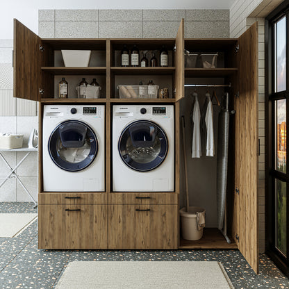 Roomart Waschmaschinenschrank Doppelschrank – SERIE 2 – 194 cm breit, Überbauschrank für Waschküche & Hauswirtschaftsraum – 205 cm hoch – mit Ausziehbrett & Schubladen – in 3 Farben