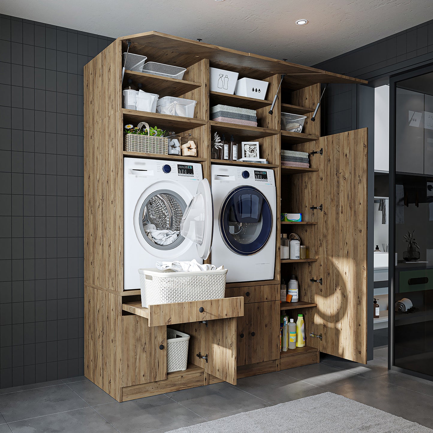 Roomart Waschmaschinenschrank SERIE 3 – 179 cm breit, 2× Waschmaschine nebeneinander mit Klappschrank, Ausziehbrett & Hochschrank – Waschküche & Hauswirtschaftsraum – Eiche / Schwarz-Eiche / Weiß