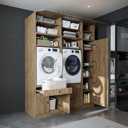 Roomart Waschmaschinenschrank SERIE 3 – 179 cm breit, 2× Waschmaschine nebeneinander mit Klappschrank, Ausziehbrett & Hochschrank – Waschküche & Hauswirtschaftsraum – Eiche / Schwarz-Eiche / Weiß