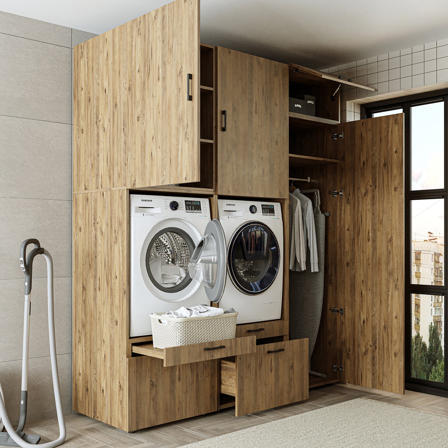 Roomart Waschmaschinenschrank Doppelschrank – SERIE 2 – Überbauschrank für Waschküche & Hauswirtschaftsraum – mit Ausziehbrett & Schubladen – in 3 Farben