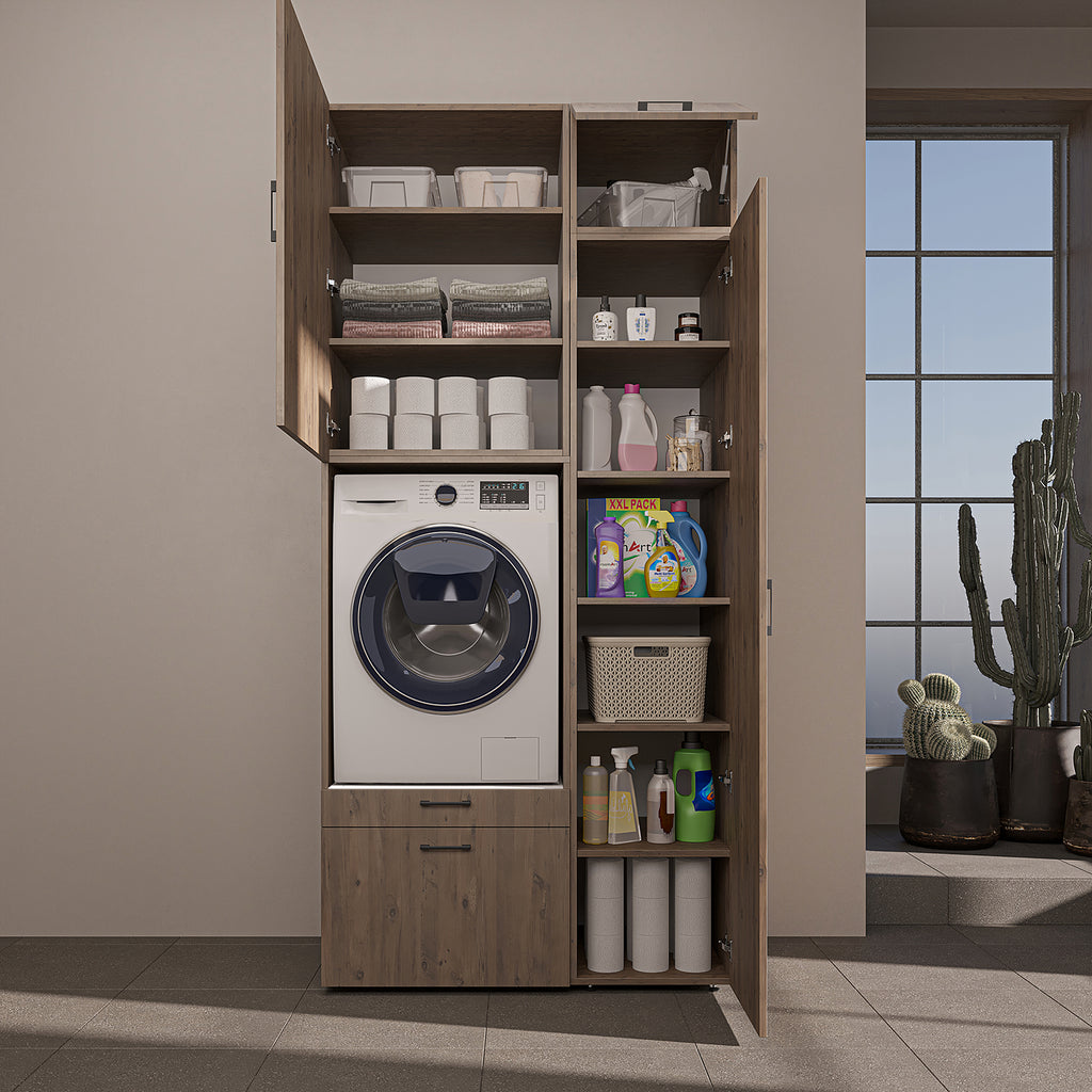 Roomart Waschmaschinenschrank mit Ausziehbrett, 112 cm breit - SERIE 2  – Waschmaschinenüberbau für Waschmaschine & Trockner, Waschturm-Schrank mit Stauraum für Bad & Waschküche