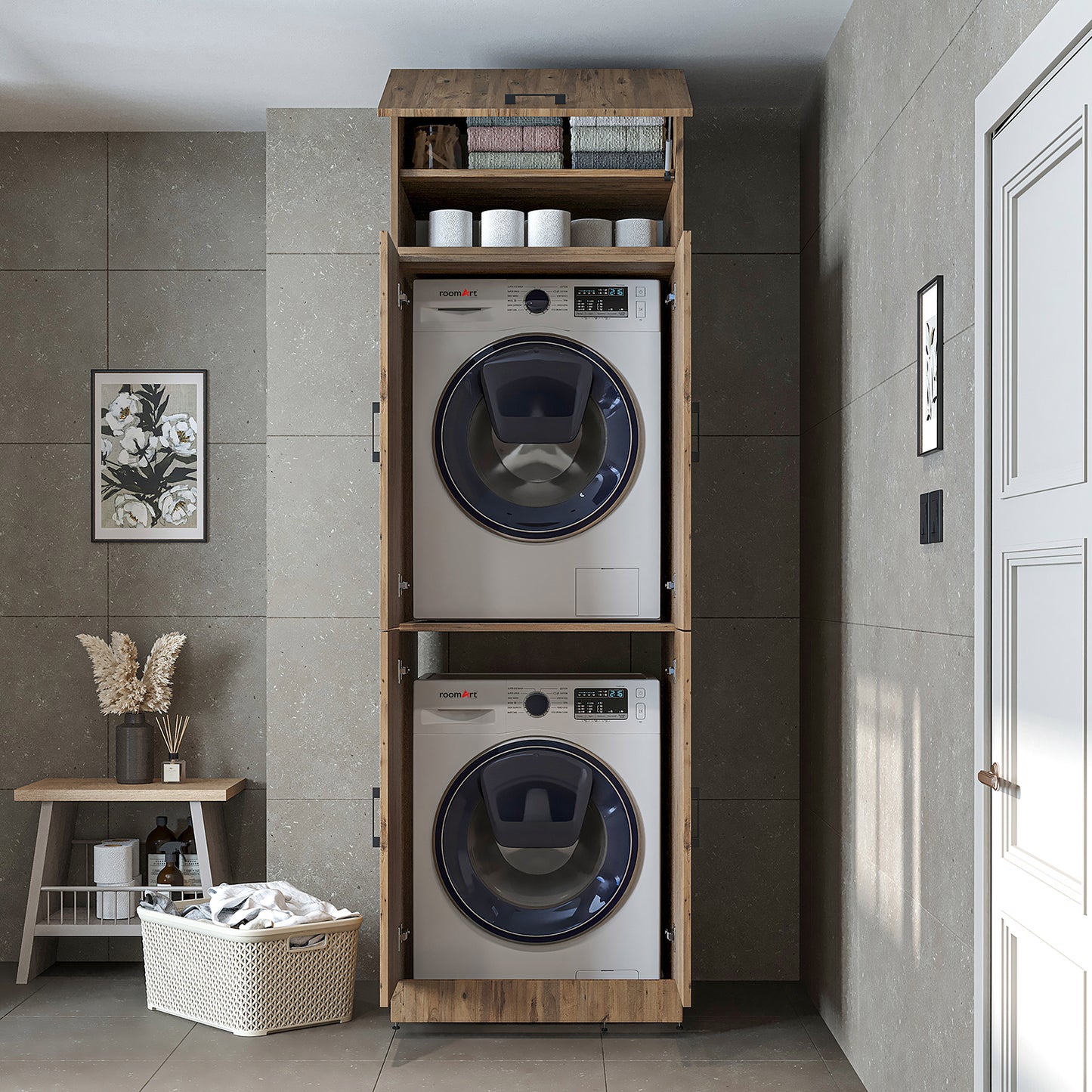 Roomart Waschmaschinenschrank „DORA“ für Waschmaschine & Trockner mit Regalböden, in 5 Farben • Weiß • Weiß Eiche • Anthrazit Eiche • Eiche • Schwarz-Eiche