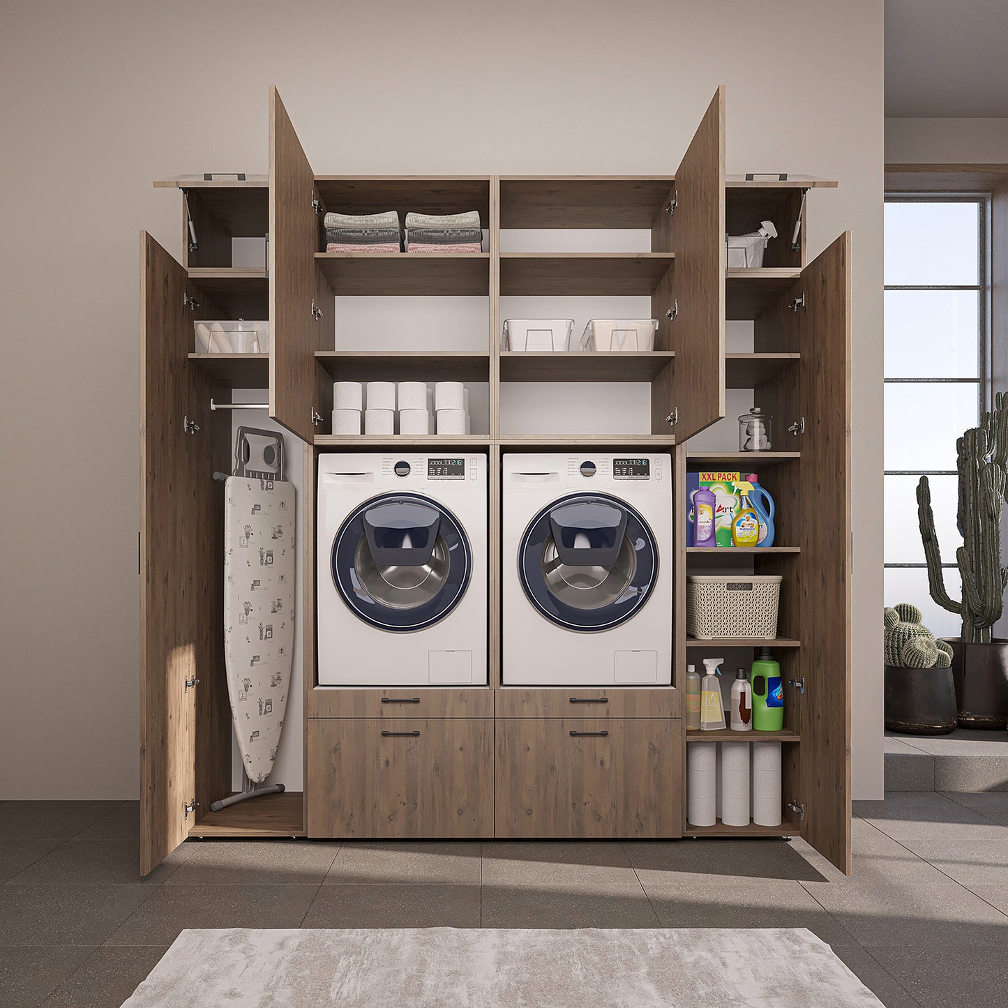 Roomart Waschmaschinenschrank SERIE 2 – Doppelschrank mit Seitenschränken, 3 Farben