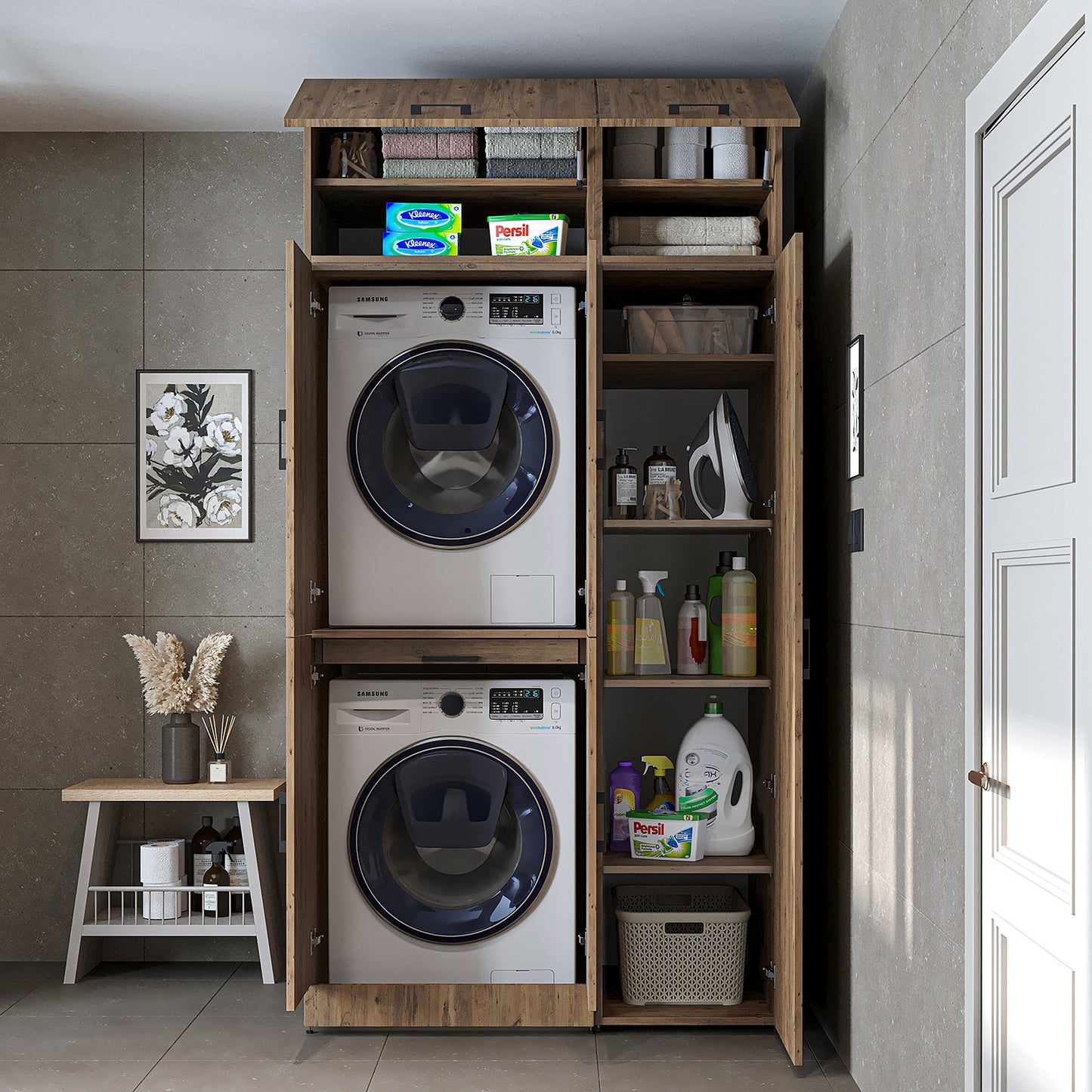 Roomart Waschmaschinenschrank " DORA SET" für Trockner & Waschmaschine, 115 cm breit, in 4 Farben, mit Türen & Ausziehbrett • Weiß • Weiß Eiche • Anthrazit Eiche • Eiche