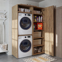Roomart DUO Waschmaschinenschrank Trockner auf Waschmaschine • 127 cm breit • Weiß, Eiche Waschmaschinenschrank - waschmaschinenschrank, waschmaschinenregal, waschturm, schrank, weiß, waschmaschinen, unterschrank, waschmaschine, trockner, haushaltsschrank