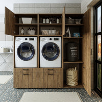 Roomart Waschmaschinenschrank Doppelschrank – SERIE 2 – 194 cm breit, Überbauschrank für Waschküche & Hauswirtschaftsraum – 205 cm hoch – mit Ausziehbrett & Schubladen – in 3 Farben