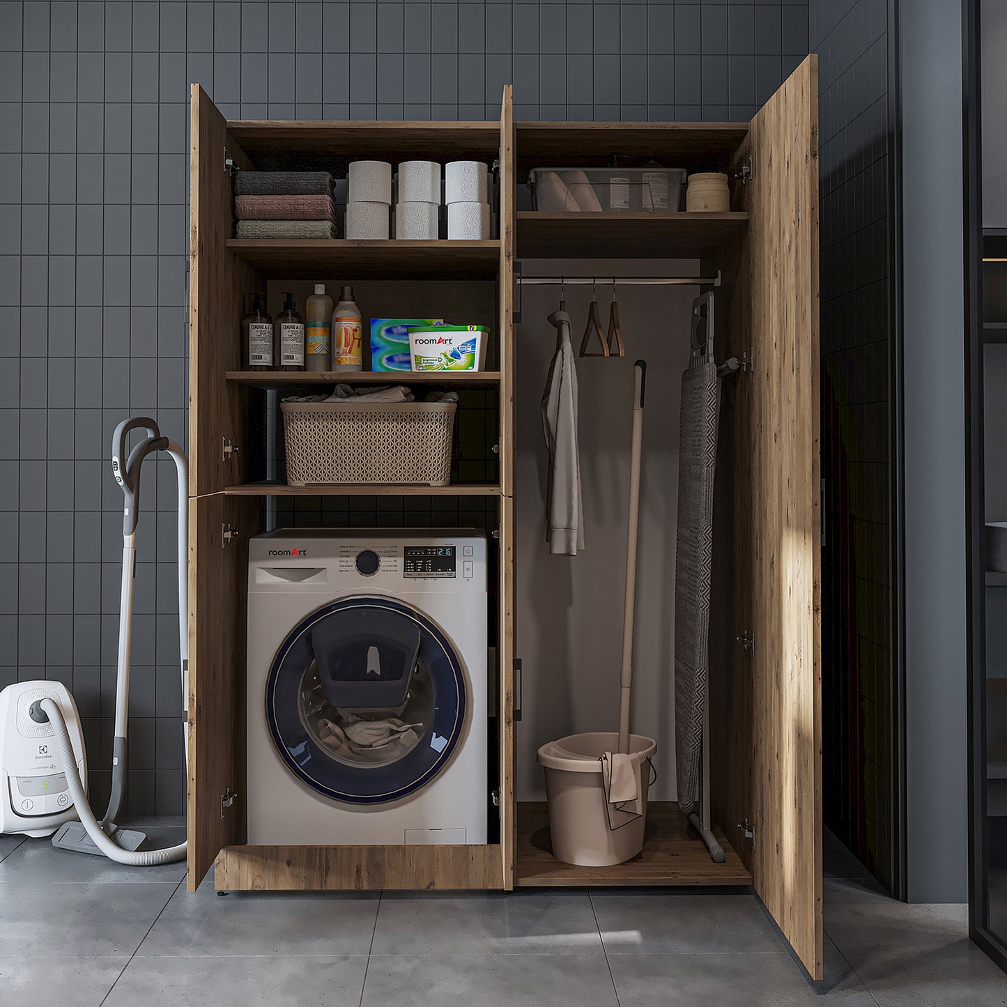 Roomart Waschmaschinenschrank „DORA 130 cm Breit“ für Waschmaschine & Trockner mit Regalböden, in 5 Farben • Weiß • Weiß Eiche • Anthrazit Eiche • Eiche • Schwarz Eiche (Kopie)