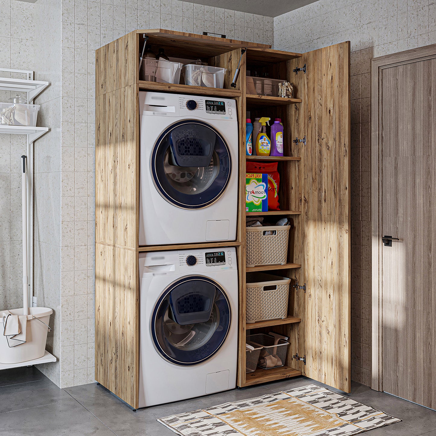 Roomart DUO-I Waschmaschinenschrank 112 cm – für Waschmaschine & Trockner + Hochschrank | in 2 Farben