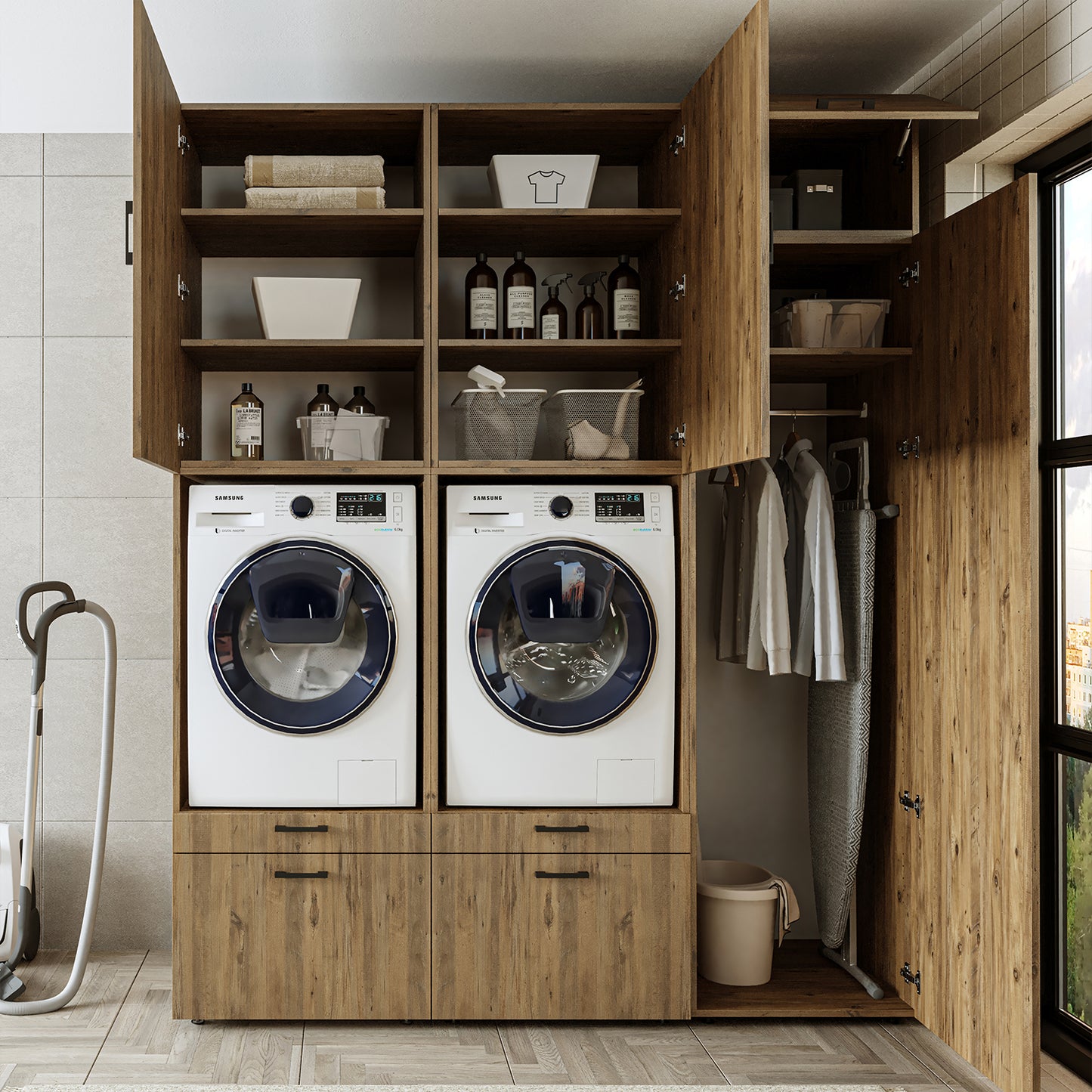 Roomart Waschmaschinenschrank Doppelschrank – SERIE 2 – Überbauschrank für Waschküche & Hauswirtschaftsraum – mit Ausziehbrett & Schubladen – in 3 Farben