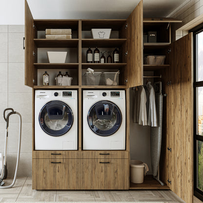 Roomart Waschmaschinenschrank Doppelschrank – SERIE 2 – Überbauschrank für Waschküche & Hauswirtschaftsraum – mit Ausziehbrett & Schubladen – in 3 Farben