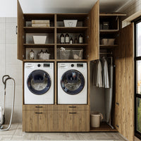 Roomart Waschmaschinenschrank Doppelschrank – SERIE 2 – Überbauschrank für Waschküche & Hauswirtschaftsraum – mit Ausziehbrett & Schubladen – in 3 Farben