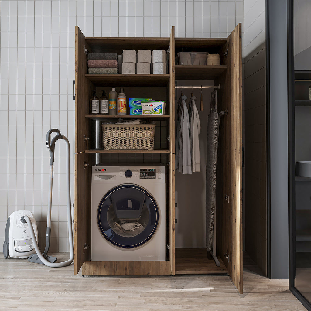 Roomart Waschmaschinenschrank „DORA 115 cm Breit“ für Waschmaschine & Trockner mit Regalböden, in 5 Farben • Weiß • Weiß Eiche • Anthrazit Eiche • Eiche • Schwarz Eiche