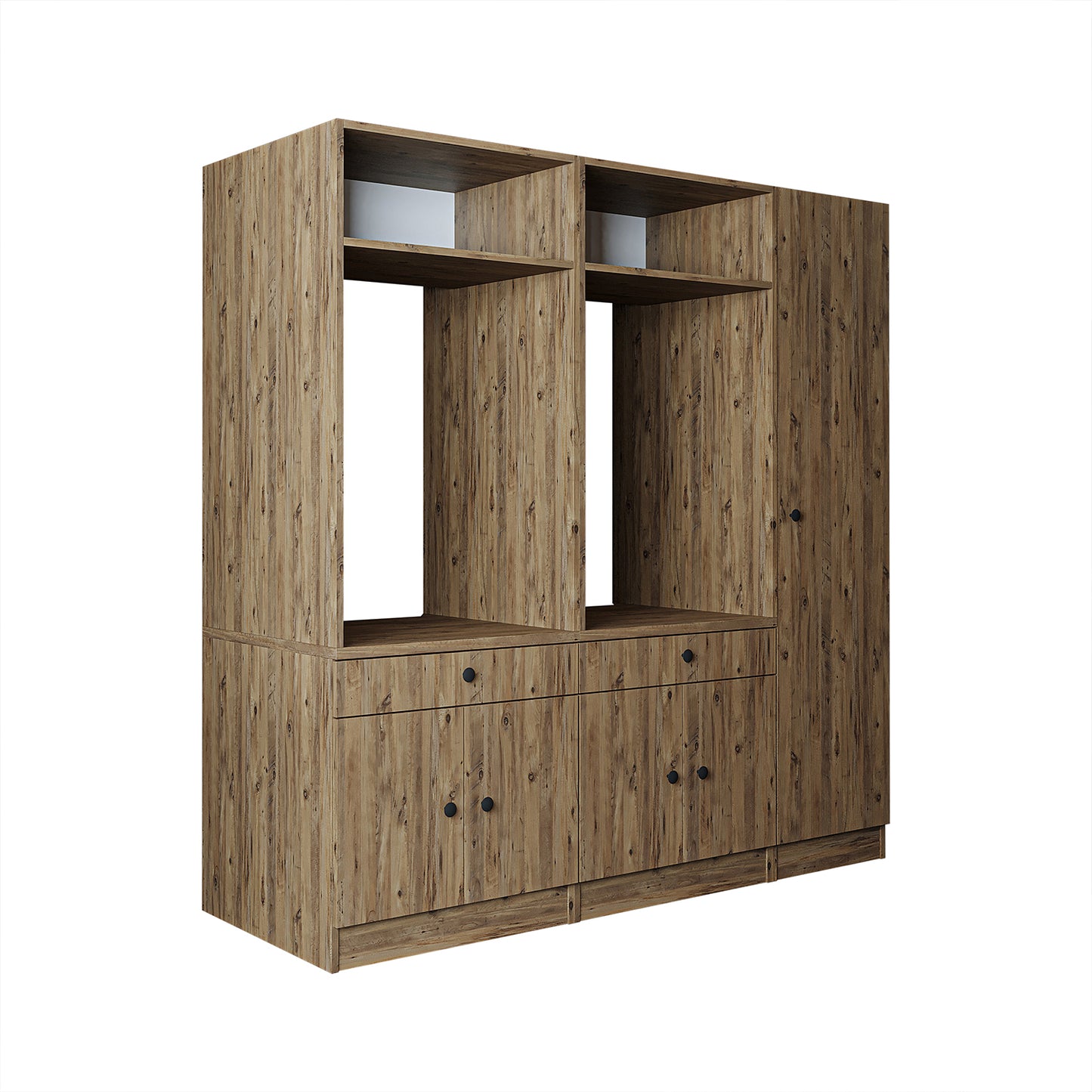 Roomart Waschmaschinenschrank Doppelschrank SERIE 3 – 179 cm breit, 2× Waschmaschine nebeneinander mit Ausziehbrett & Hochschrank – Waschküche & Hauswirtschaftsraum – Eiche / Schwarz-Eiche / Weiß