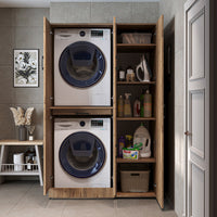 Roomart washing machine cabinet " DORA SET" for dryer & washing machine, 115 cm wide, in 4 colors, with doors & pull-out shelf - white - white oak - anthracite oak - oak