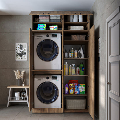 Roomart Waschmaschinenschrank " DORA SET" für Trockner & Waschmaschine, 130 cm breit,  in 4 Farben, mit Türen & Ausziehbrett • Weiß • Weiß Eiche • Anthrazit Eiche • Eiche