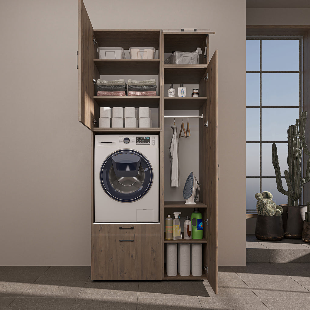 Roomart Waschmaschinenschrank mit Ausziehbrett, 112 cm breit - SERIE 2  – Waschmaschinenüberbau für Waschmaschine & Trockner, Waschturm-Schrank mit Stauraum für Bad & Waschküche