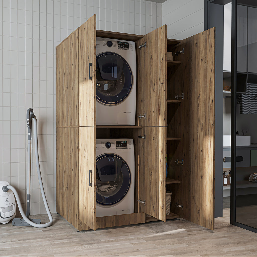 Roomart Waschmaschinenschrank „DORA 115 cm Breit“ für Waschmaschine & Trockner mit Regalböden, in 5 Farben • Weiß • Weiß Eiche • Anthrazit Eiche • Eiche • Schwarz Eiche