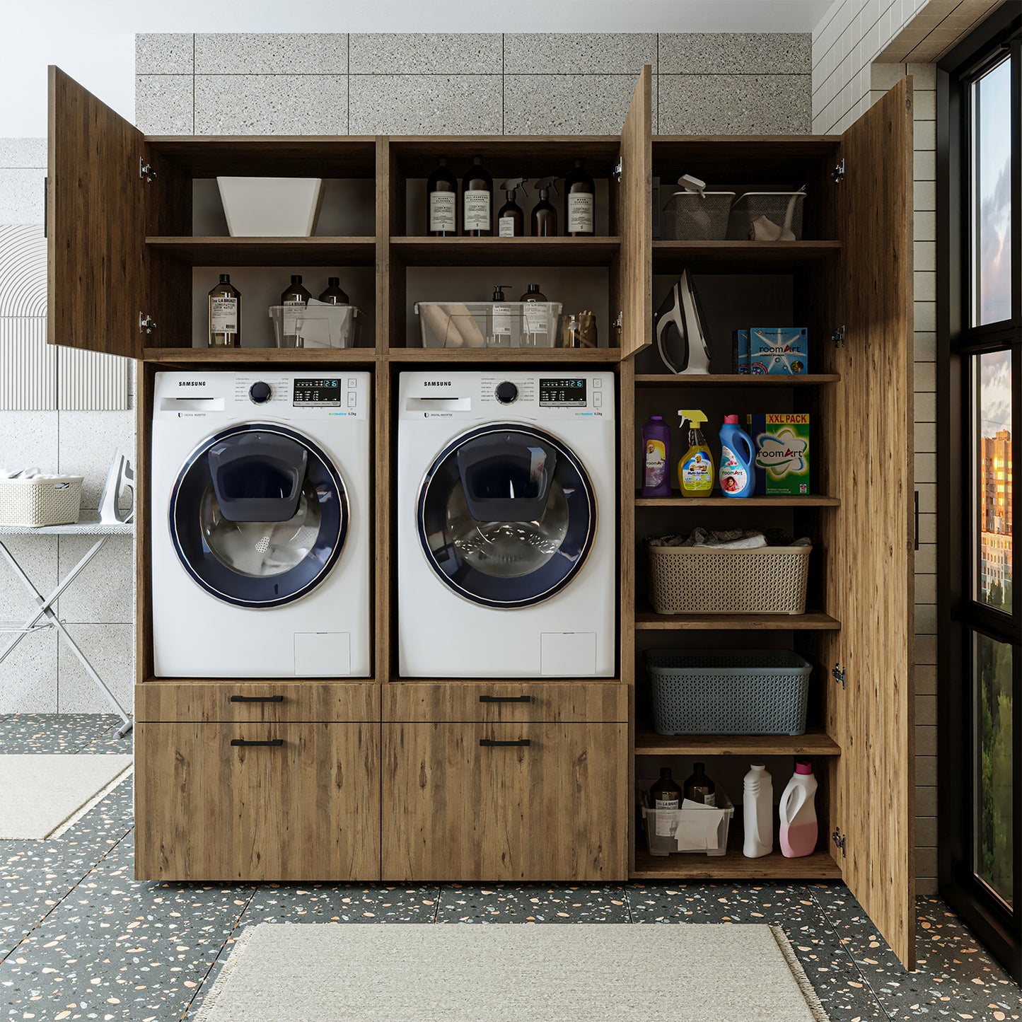 Roomart Waschmaschinenschrank Doppelschrank – SERIE 2 – 194 cm breit, Überbauschrank für Waschküche & Hauswirtschaftsraum – 205 cm hoch – mit Ausziehbrett & Schubladen – in 3 Farben