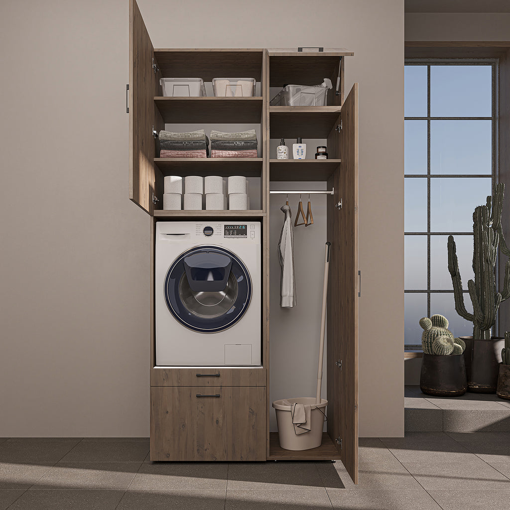 Roomart Waschmaschinenschrank mit Ausziehbrett, 112 cm breit - SERIE 2  – Waschmaschinenüberbau für Waschmaschine & Trockner, Waschturm-Schrank mit Stauraum für Bad & Waschküche