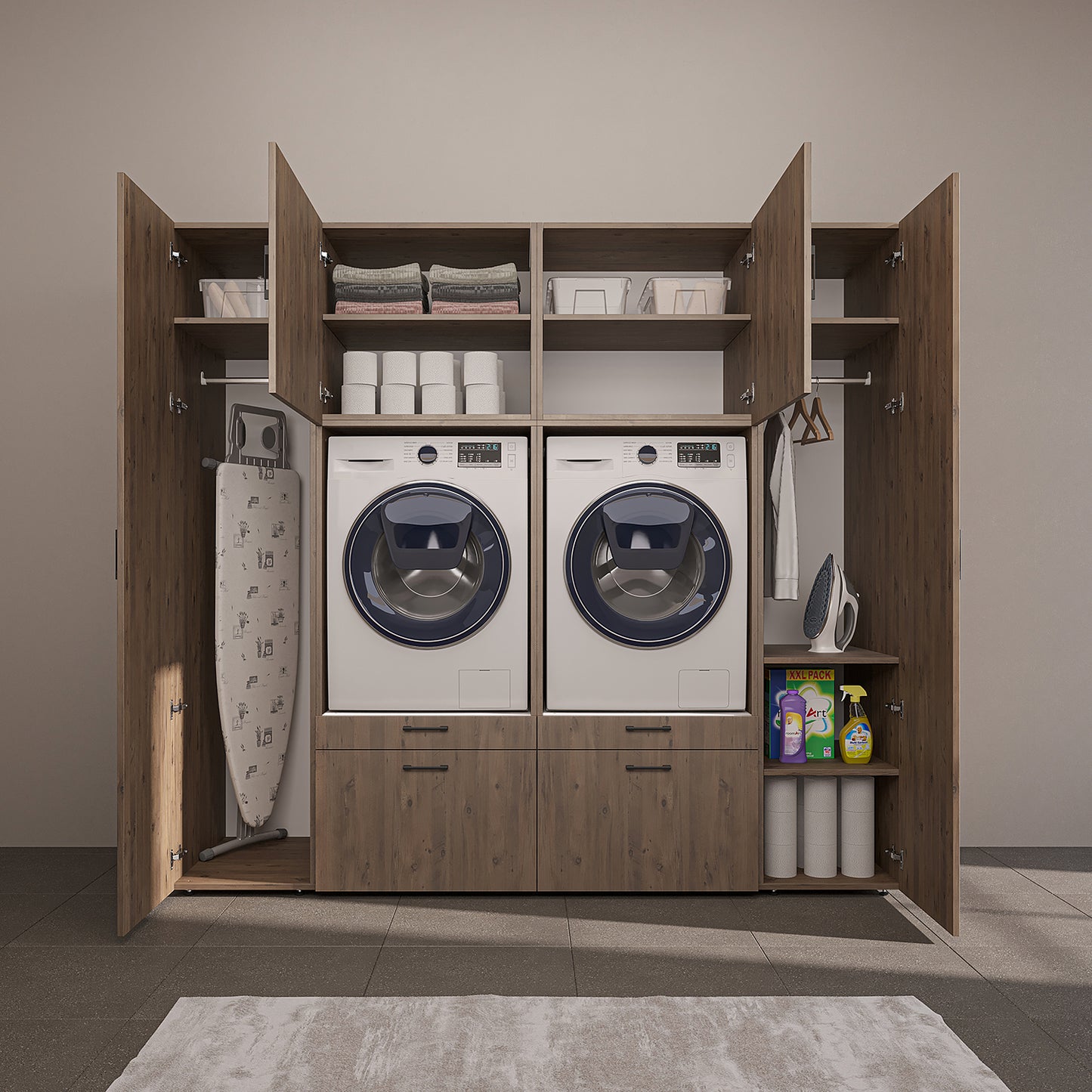 Roomart Waschmaschinenschrank 224 cm – 2 Geräte nebeneinander & Hochschrank | in 3 Farben