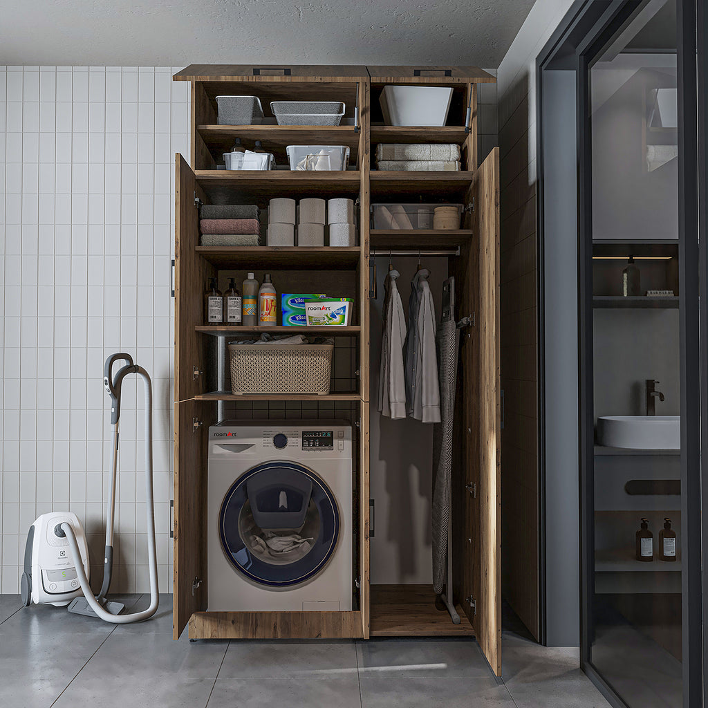 Roomart Waschmaschinenschrank „DORA 115 cm Breit“ für Waschmaschine & Trockner mit Regalböden, in 5 Farben • Weiß • Weiß Eiche • Anthrazit Eiche • Eiche • Schwarz Eiche