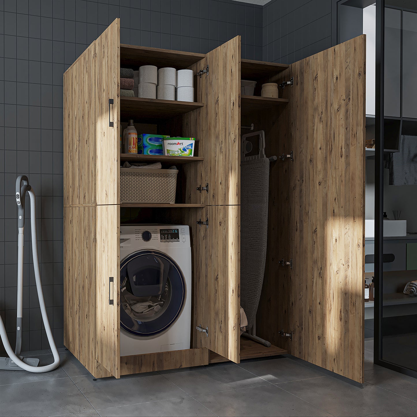 Roomart Waschmaschinenschrank „DORA 130 cm Breit“ für Waschmaschine & Trockner mit Regalböden, in 5 Farben • Weiß • Weiß Eiche • Anthrazit Eiche • Eiche • Schwarz Eiche (Kopie)