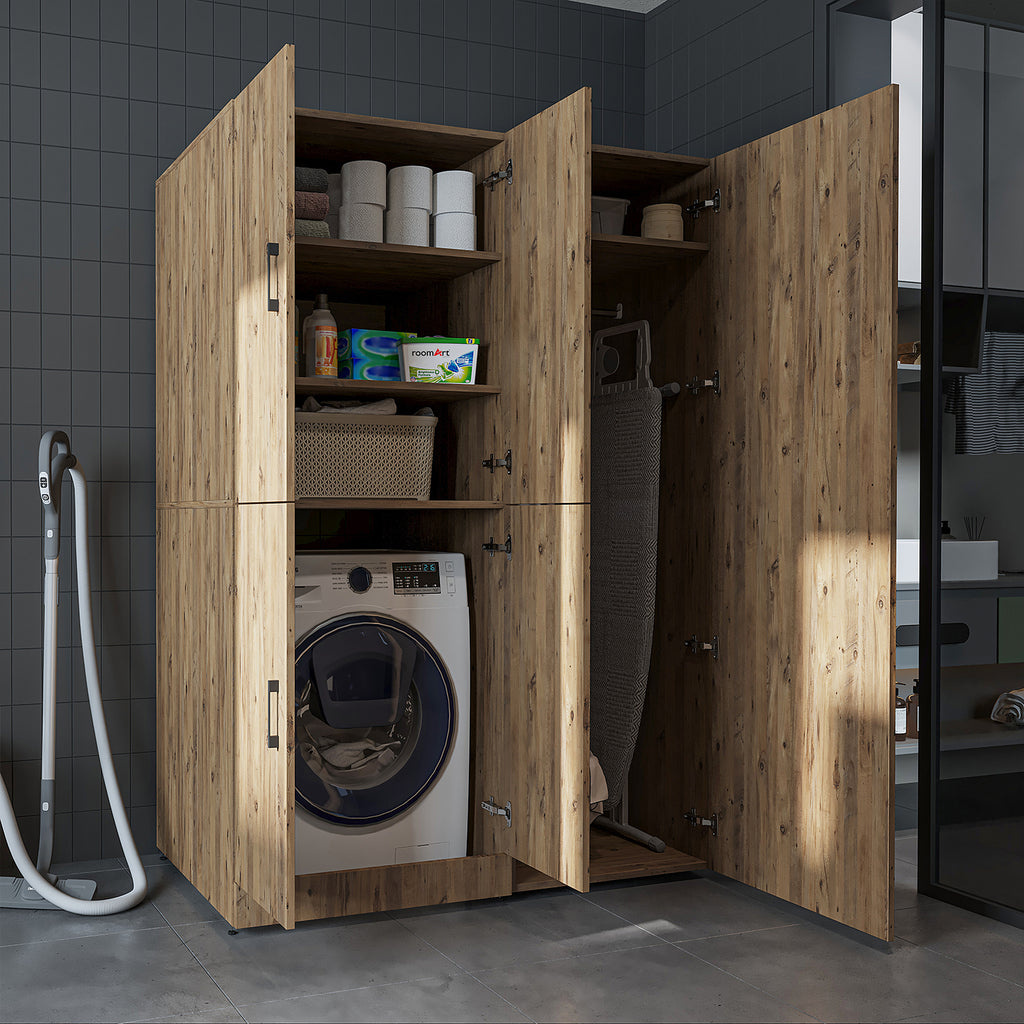 Roomart Waschmaschinenschrank „DORA 130 cm Breit“ für Waschmaschine & Trockner mit Regalböden, in 5 Farben • Weiß • Weiß Eiche • Anthrazit Eiche • Eiche • Schwarz Eiche (Kopie)