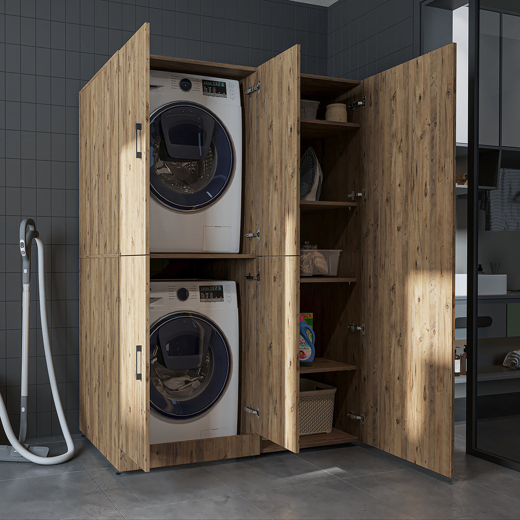 Roomart Waschmaschinenschrank „DORA 130 cm Breit“ für Waschmaschine & Trockner mit Regalböden, in 5 Farben • Weiß • Weiß Eiche • Anthrazit Eiche • Eiche • Schwarz Eiche (Kopie)