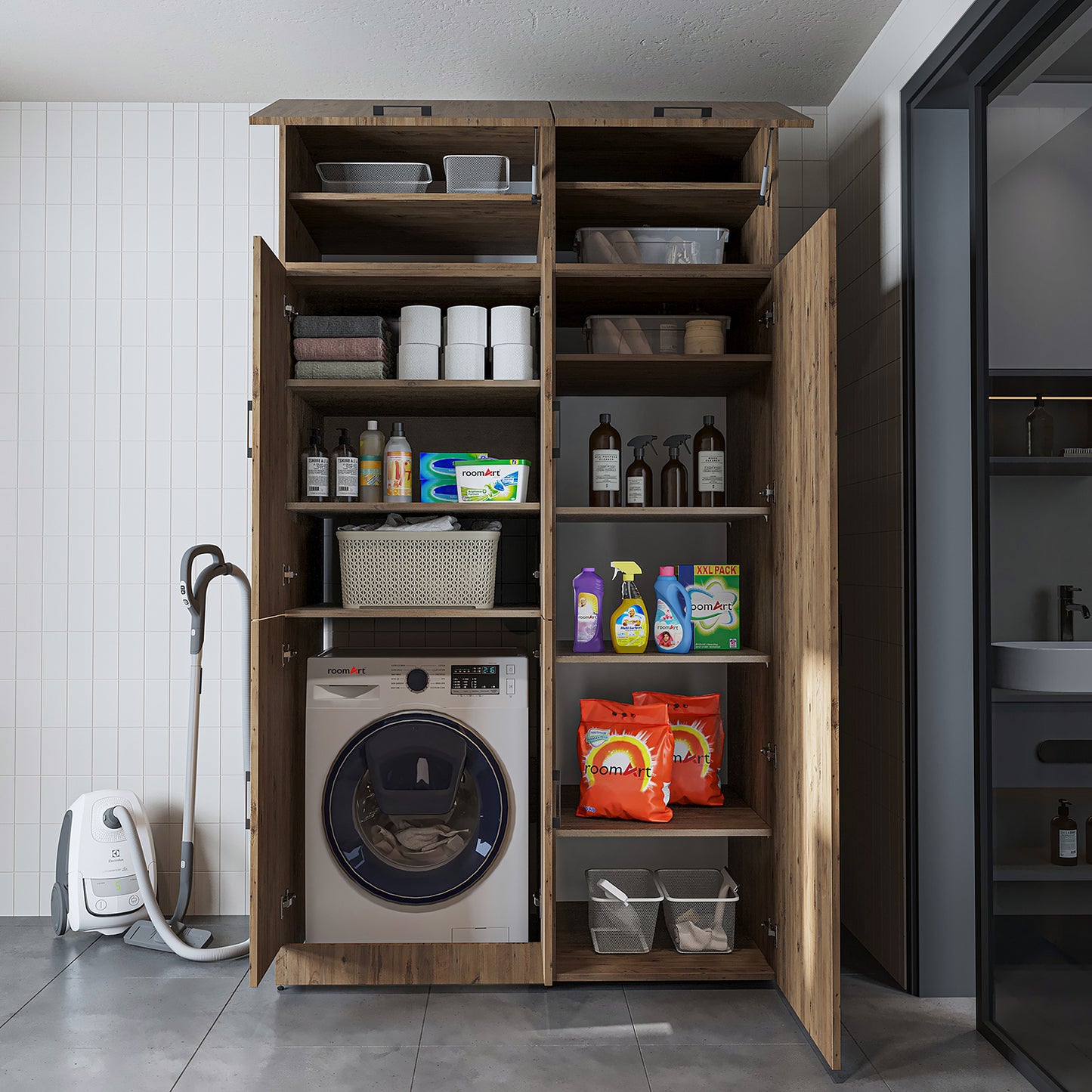 Roomart Waschmaschinenschrank „DORA 130 cm Breit“ für Waschmaschine & Trockner mit Regalböden, in 5 Farben • Weiß • Weiß Eiche • Anthrazit Eiche • Eiche • Schwarz Eiche (Kopie)