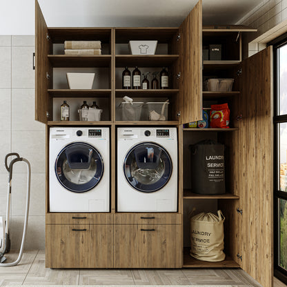 Roomart Waschmaschinenschrank Doppelschrank – SERIE 2 – Überbauschrank für Waschküche & Hauswirtschaftsraum – mit Ausziehbrett & Schubladen – in 3 Farben