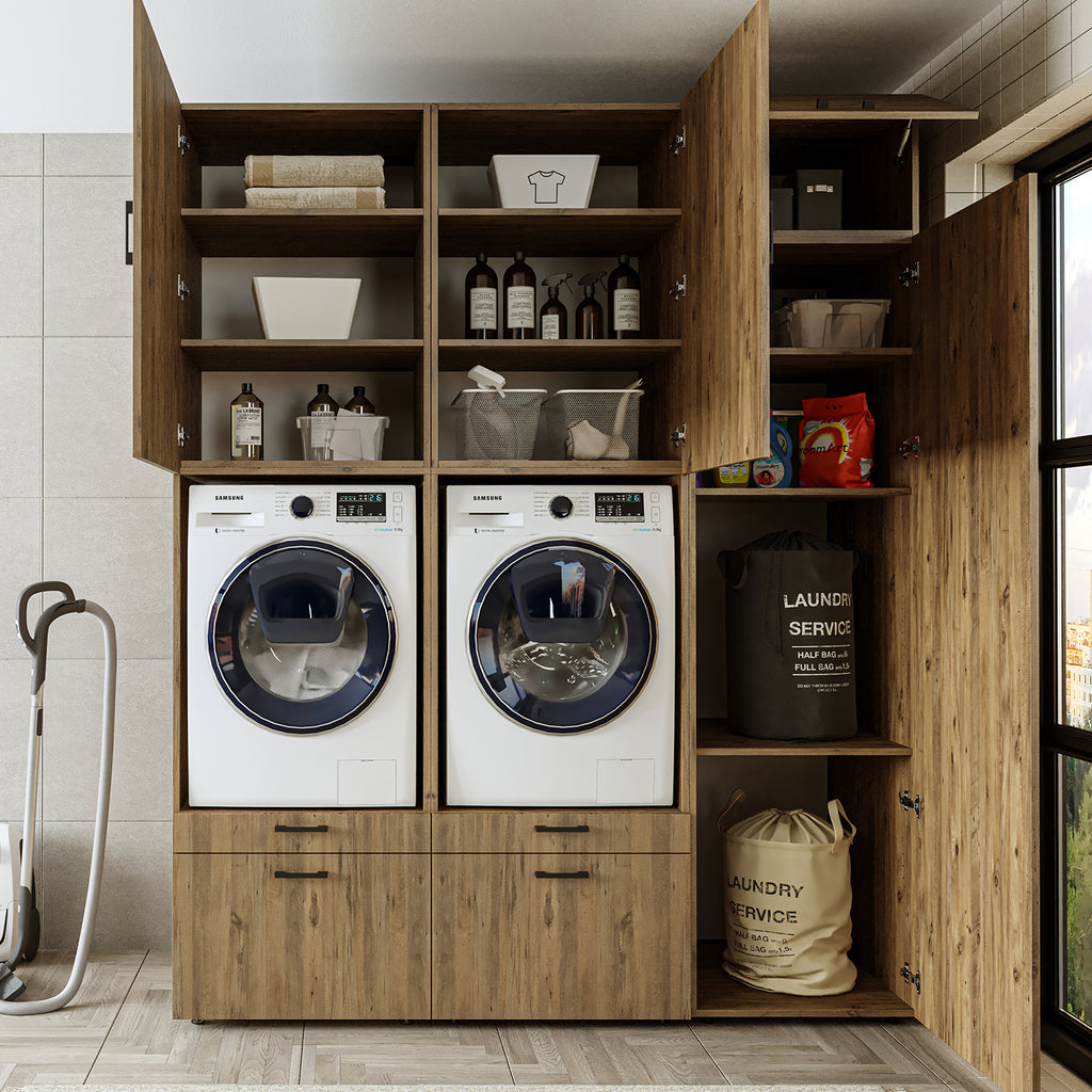 Roomart Waschmaschinenschrank Doppelschrank – SERIE 2 – Überbauschrank für Waschküche & Hauswirtschaftsraum – mit Ausziehbrett & Schubladen – in 3 Farben