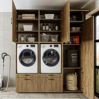 Roomart Waschmaschinenschrank Doppelschrank – SERIE 2 – Überbauschrank für Waschküche & Hauswirtschaftsraum – mit Ausziehbrett & Schubladen – in 3 Farben