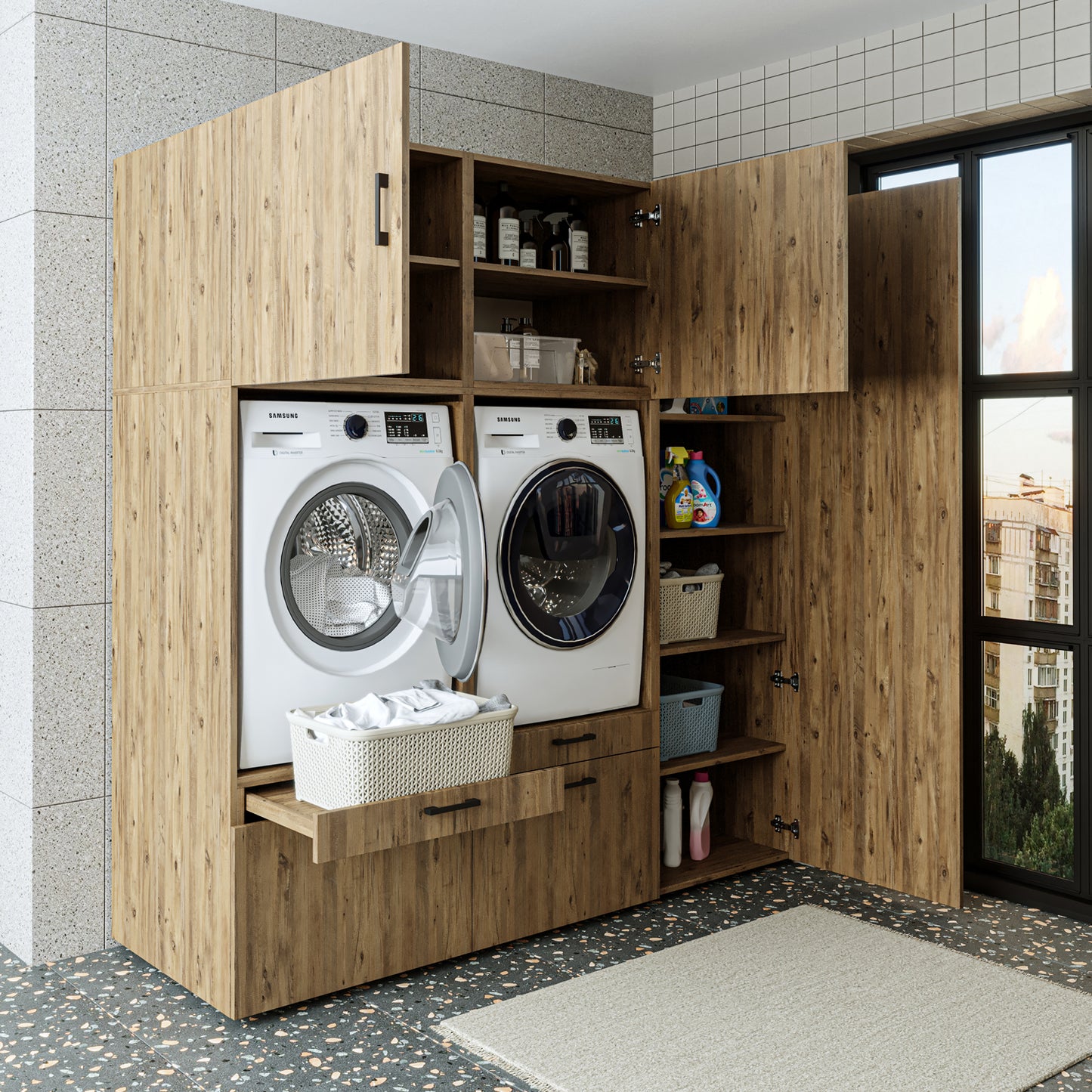 Roomart Waschmaschinenschrank Doppelschrank – SERIE 2 – 194 cm breit, Überbauschrank für Waschküche & Hauswirtschaftsraum – 205 cm hoch – mit Ausziehbrett & Schubladen – in 3 Farben