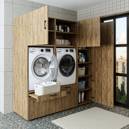 Roomart Waschmaschinenschrank Doppelschrank – SERIE 2 – 194 cm breit, Überbauschrank für Waschküche & Hauswirtschaftsraum – 205 cm hoch – mit Ausziehbrett & Schubladen – in 3 Farben